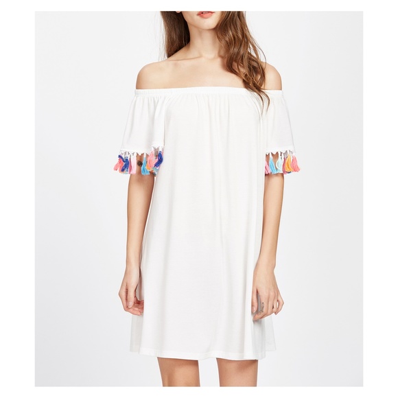 LAST ONE White Off Shoulder Tassels Shift Dress - Picture 2 of 8